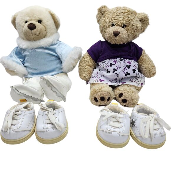 Build a Bear Workshop Lot of 2 Beige Teddy Bears 15" 2 Oufits Blue Purple Shoes - Picture 2 of 11